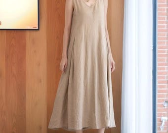 Handmade Linen Midi Dress: Minimalist Short Sleeve Summer Dress