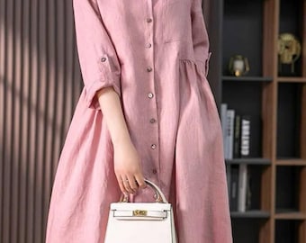 Summer Cotton Dress Shirt Casual Loose Dress Tunics 3/4 Sleeves Robes Midi  Dresses Customized Dress Plus Size Clothing Linen Dress - Etsy