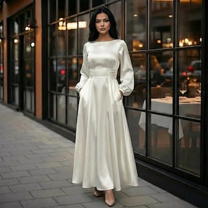 White Long Sleeve Silk Dress - Etsy