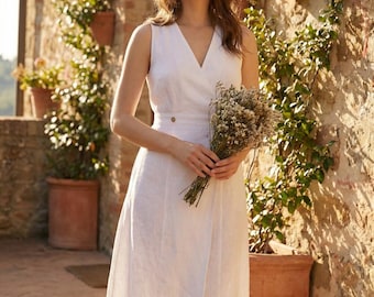 White Linen Cotton Midi Dress  Button Front V Neck Sleeveless A Line  Summer Dress for Women - Etsy