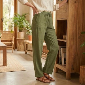 Pantalones rectos de lino, corte relajado, pantalones con cordón ajustable, transpirables, imprescindibles para el verano.