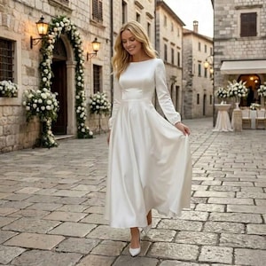 Satin Silk Long Sleeve Wedding Dress – Modest A-Line Bridal Gown