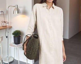 Linen Shirt Dress: Long Sleeve Button-Up Tunic - Handmade