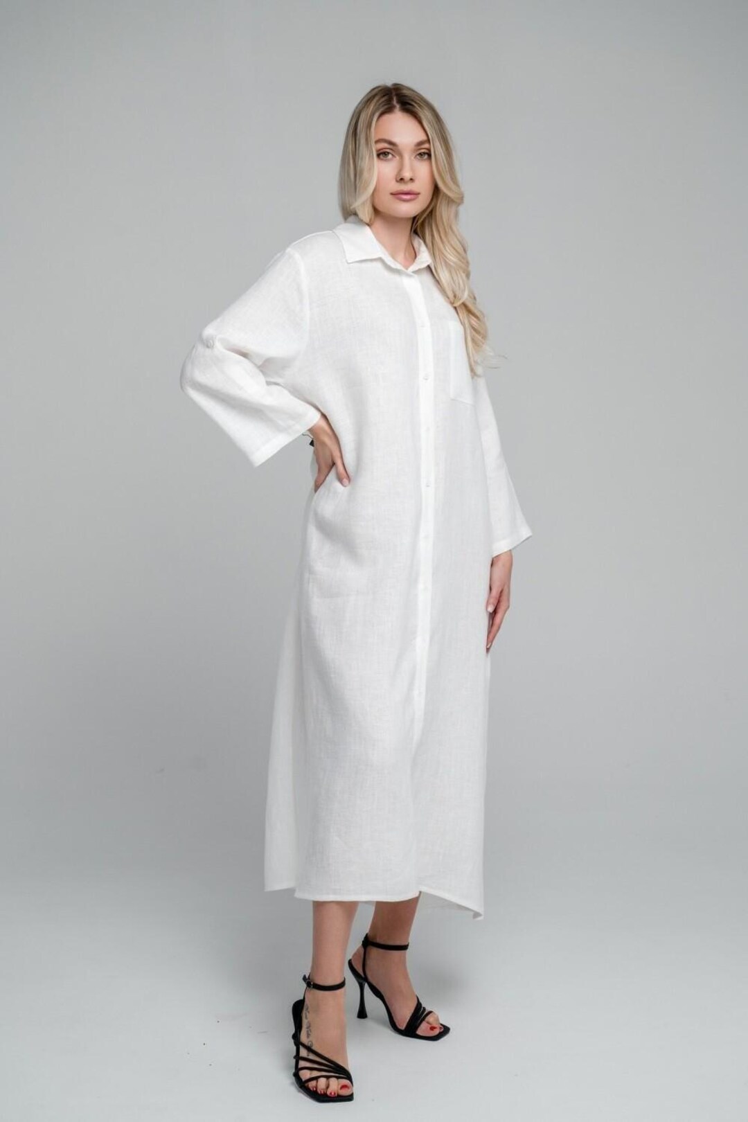White Linen Maxi Dress, Long Button Down Shirt Dress With Pockets,  Minimalist Summer Outfit - Etsy