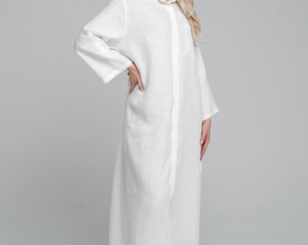 Weißes Leinen Maxikleid, langes Hemdkleid mit Knöpfen und Taschen, Minimalistisches Sommeroutfit