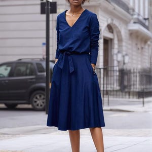 V neck cotton midi dress, Dress with pockets, navy blue dress, casual summer dress, Jennifer dress