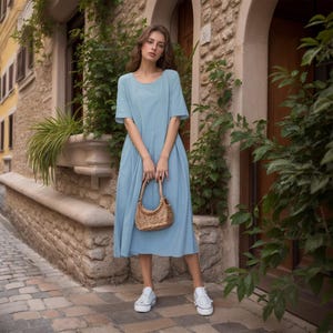 Summer Linen Dress Soft Casual Loose Dress Tunics Short Sleeves Robes Midi Dresses Customized Dress Plus Size Clothing Linen Dress