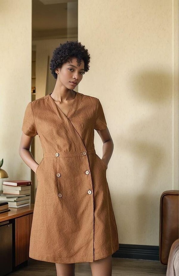 Elegant Brown Linen Wrap Dress, Short Sleeve Button-down, Casual Chic for  Summer - Etsy