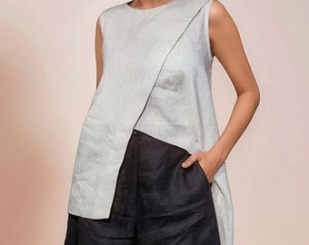 Asymmetrical Linen Top – Sleeveless Wrap Blouse, Minimalist Tunic, Handmade Linen Clothing