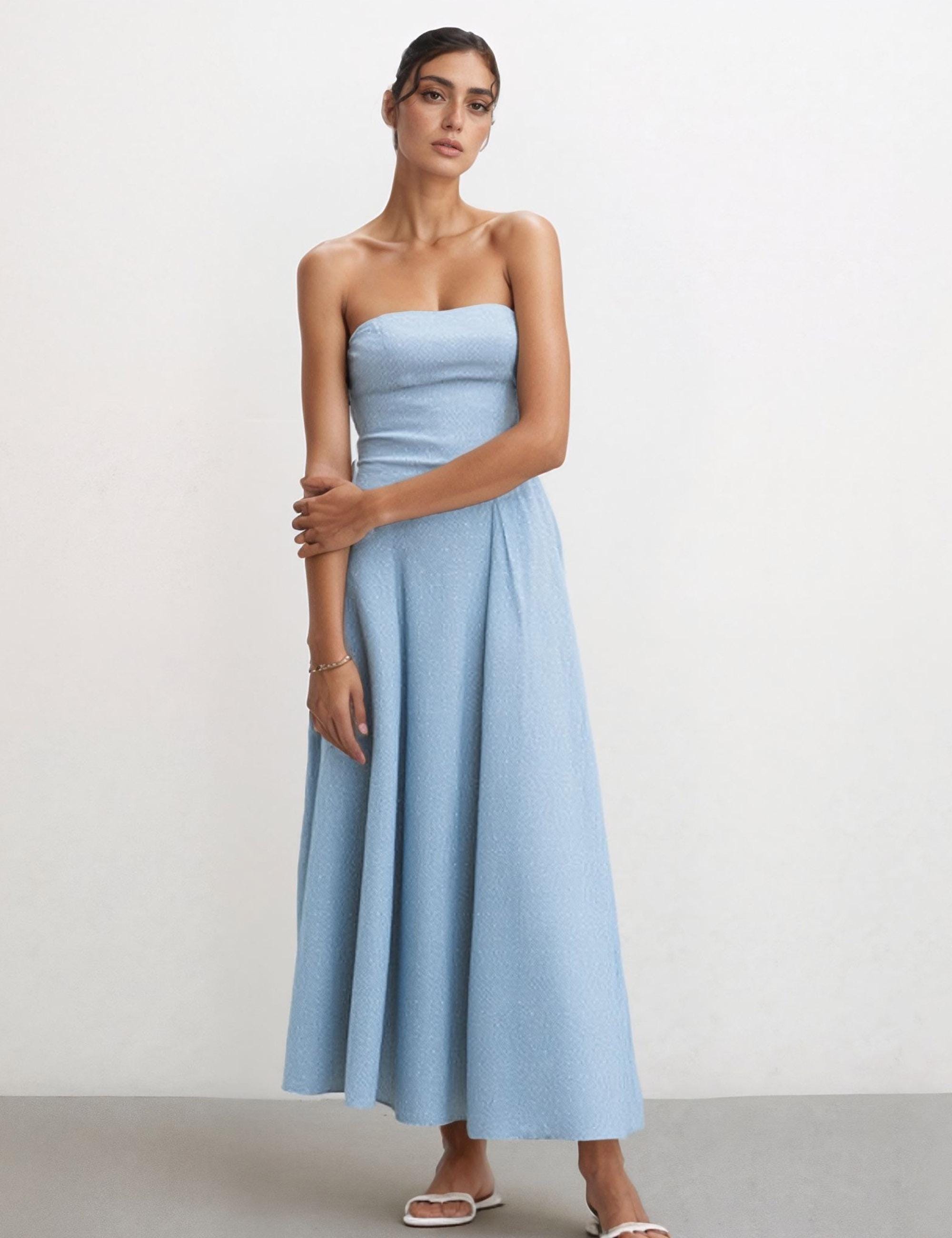 Linen Bustier Maxi Dress with Pockets – Full Length Strapless Summer Dress – Vintage Style Sleeveless Dress for Parties & Holidays