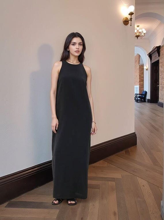 Black Linen Sleeveless Midi Dress: Handmade Minimalist Summer Elegance Black Linen Sleeveless Midi Dress: Handmade Minimalist Summer Elegance