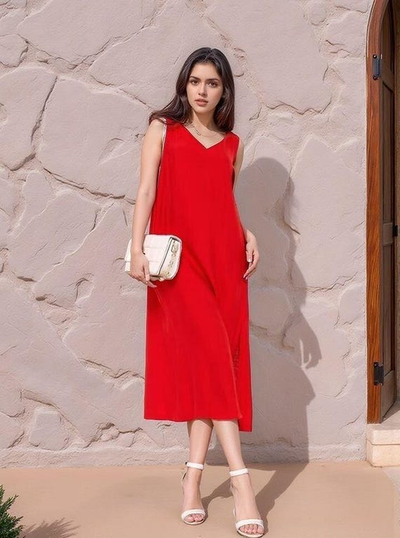 Red Linen Sleeveless Midi Dress: Handmade Summer Elegance - Etsy