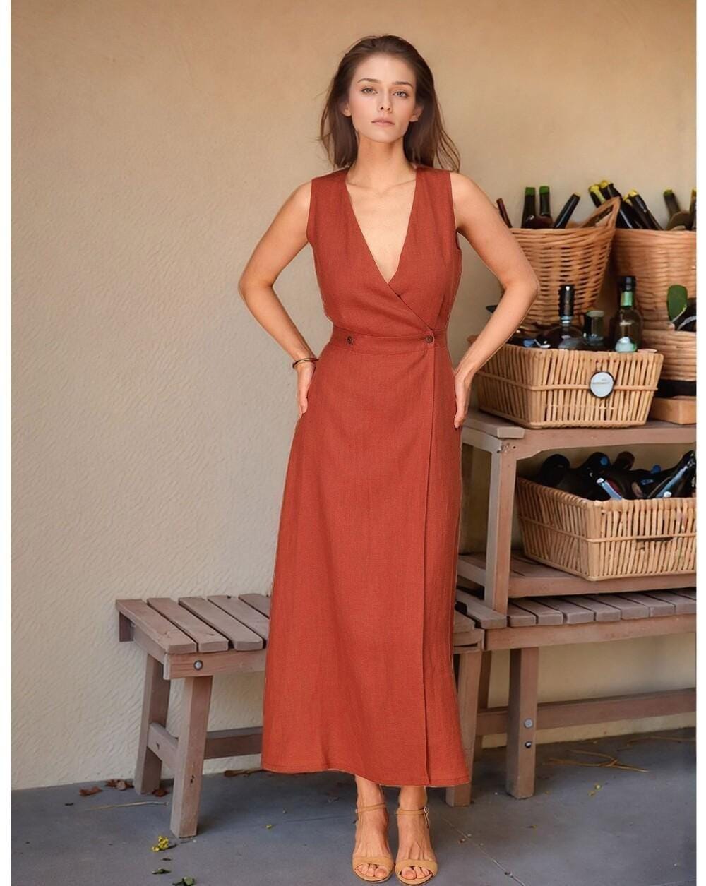 wrap dress too low cut Square Neckline Neckline Low Reversible Linen Wrap Dress The German Edge White Dresses Casual Knee dresses with pockets​ To fix a Color:BLUE-WHT