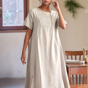Summer Linen Dress Casual Loose Tunics Short Sleeves Shirt Robes Knee Dresses Customized casual handmade Dress Plus Size Clothes Linen