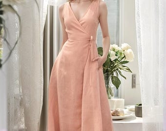 Handmade Slub Linen Midi Dress: Elegant 3/4 Sleeve Boat Neck