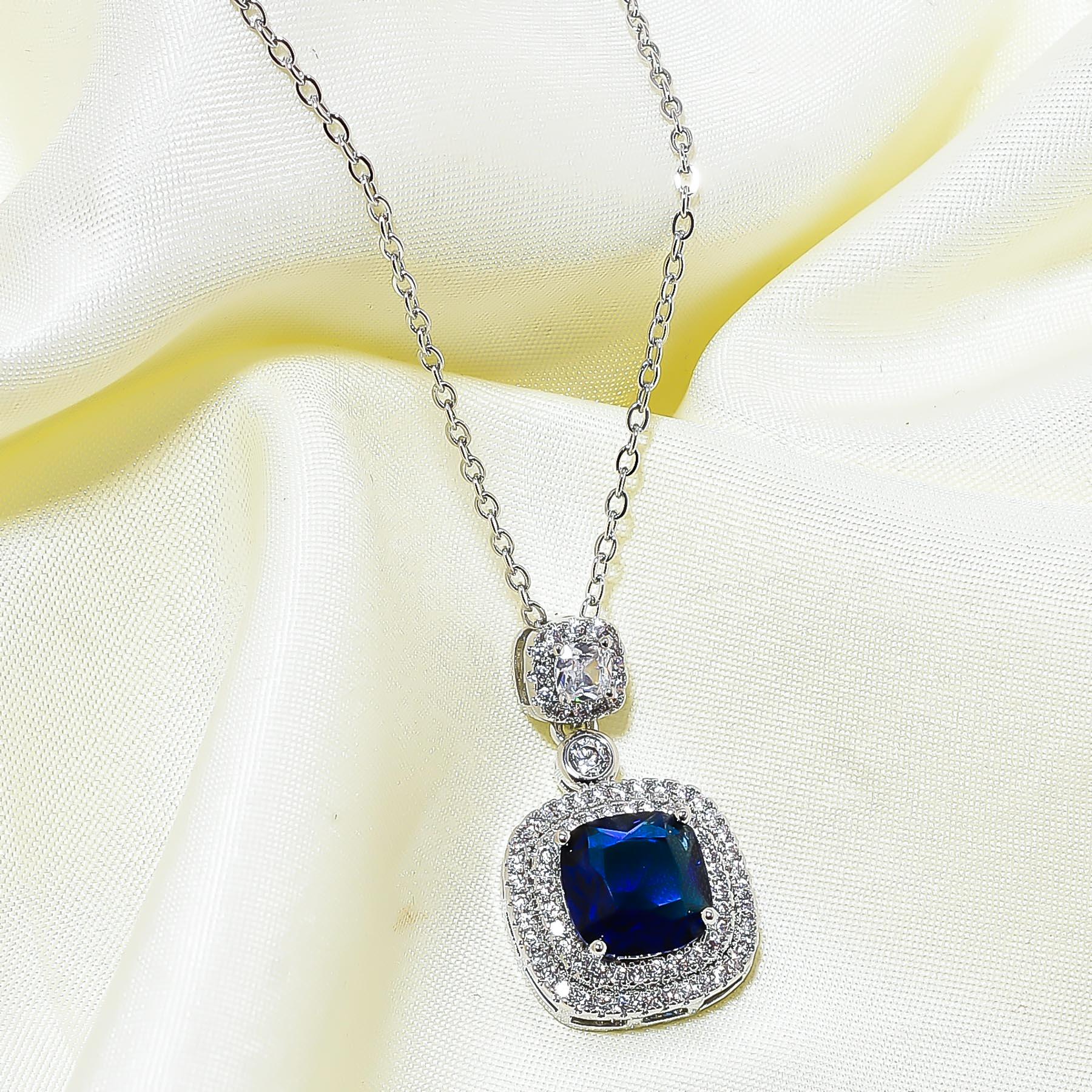 Blue Sapphire Sterling Silver Chain Pendant, Elegant White