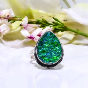 Green Triplet Fire Opal Sterling Silver Ring, Handmade Statement Designer Jewelry For Her