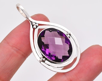 African Amethyst Pendant, 925 Sterling Silver, Bezel Setting, Valentin's Day Gift For Women