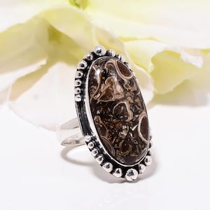 Natural Wyoming Turritella Fossil Agate Gemstone Solid 925 Sterling Silver Jewelry Ring, Adjustable Ring, Handmade Ring, Birthday Gift