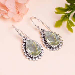 Golden Rutilated Quartz Earrings 925 Sterling Silver | Natural Gemstone Dangle Earrings | Handmade Gift Jewelry for Her