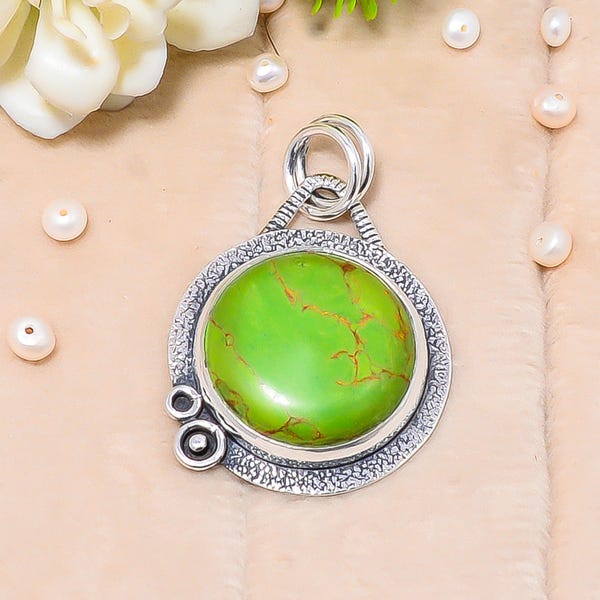 Green Turquoise Copper Pendant, Handmade Sterling Silver Jewelry, Antique Jewelry