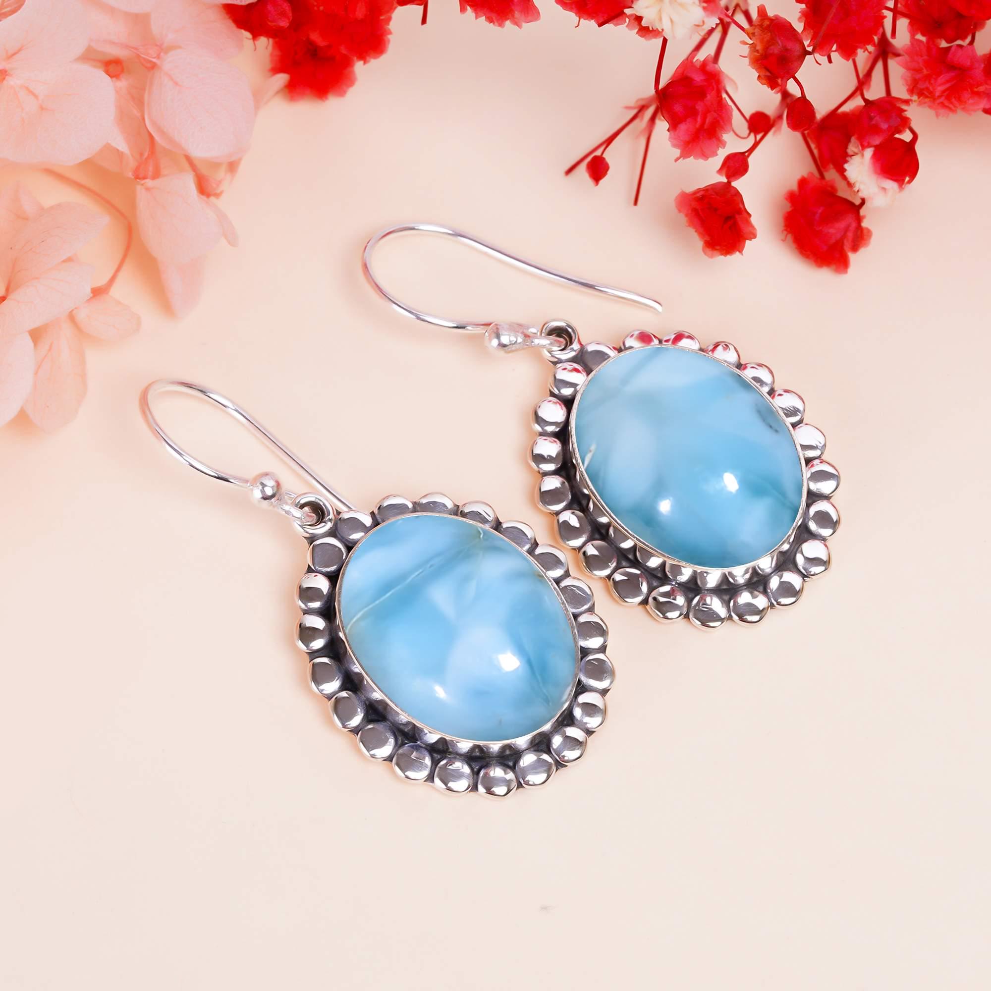 Natural Larimar Gemstone 925 Silver Handmade Earrings - Manisha Jewels SP-697