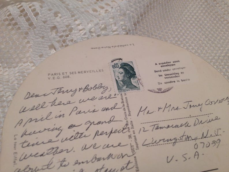 Round Vintage Paris Post Card Multicolored 6 Inches Cancelled Stamp