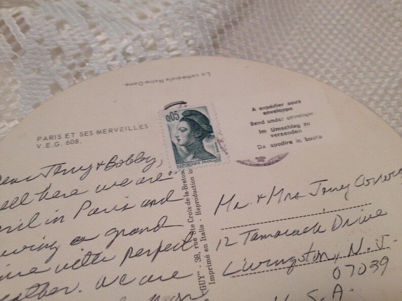 Round Vintage Paris Post Card Multicolored 6 Inches Cancelled Stamp