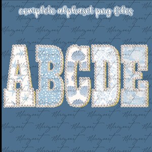 May include: A digital design showing the letters A, B, C, D, and E. Each letter has a unique pattern in blue and white, with a gold outline and pearl edging. The words "complete alphaset png files" are at the top of the image.