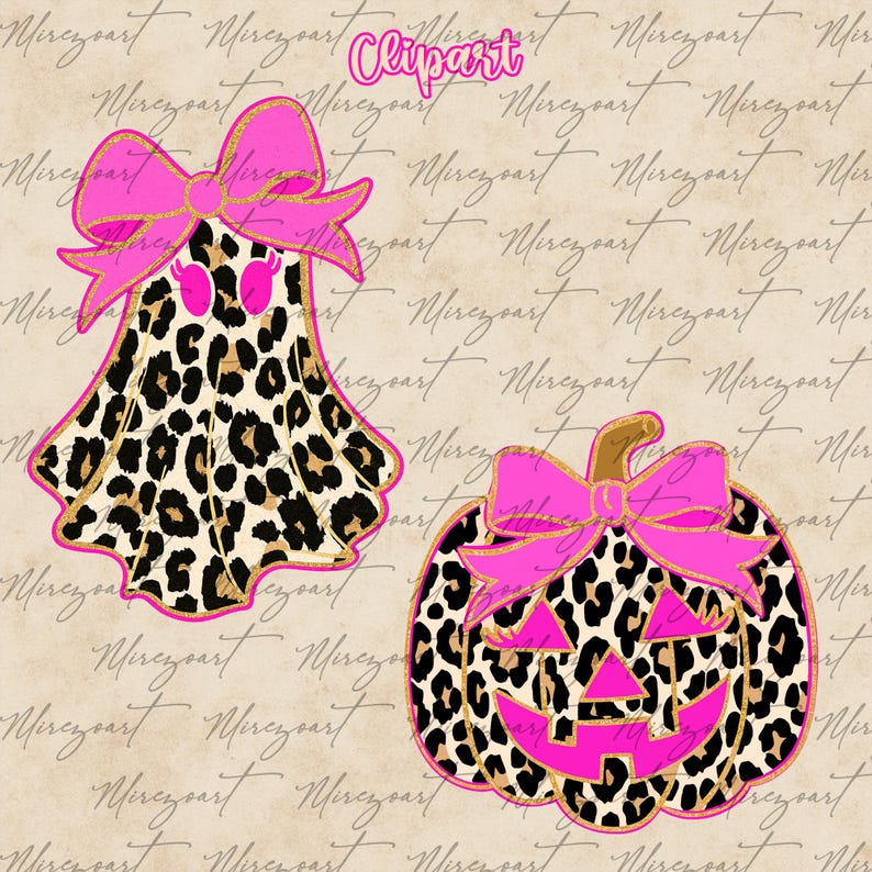 May include: Two Halloween-themed clipart images. One is a ghost with a leopard print body and a pink bow. The other is a jack-o'-lantern with a leopard print pattern and a pink bow. Both have gold accents.