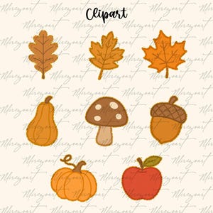 May include: A collection of fall-themed clipart illustrations. The image features various autumn elements, including orange and brown leaves, a mushroom, an acorn, a pumpkin, a pear, and a red apple. The word "Clipart" is written at the top.