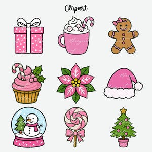 May include: A collection of pink and white Christmas-themed clipart illustrations. The images include a gift box, a mug of hot chocolate, a gingerbread person, a cupcake, a poinsettia, a Santa hat, a snow globe, a lollipop, and a Christmas tree.