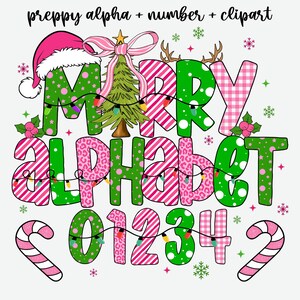 May include: A festive Christmas-themed design featuring the words "MERRY ALPHABET" and numbers 0-4. The letters and numbers are decorated with pink and green patterns, including polka dots, stripes, and leopard print. A Christmas tree, Santa hat, and candy canes complete the holiday theme.