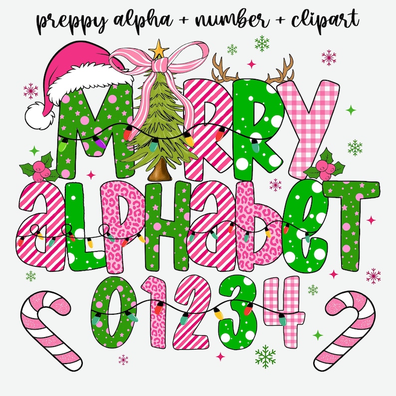 May include: A festive Christmas-themed design featuring the words "MERRY ALPHABET" and numbers 0-4. The letters and numbers are decorated with pink and green patterns, including polka dots, stripes, and leopard print. A Christmas tree, Santa hat, and candy canes complete the holiday theme.