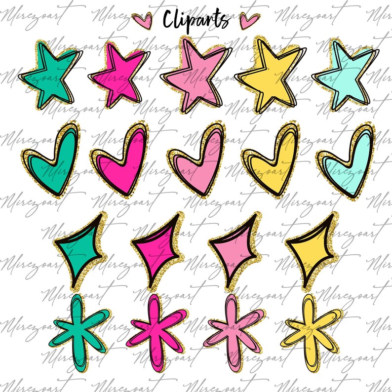 K&ouml;nnte beinhalten: Eine Sammlung farbenfroher Clip-Art-Elemente, darunter Sterne, Herzen und abstrakte Formen. Jedes Design hat einen schwarzen Umriss mit goldenen Glitzerakzenten und leuchtenden Farben wie T&uuml;rkis, Pink und Gelb. Das Wort "Cliparts" steht oben.