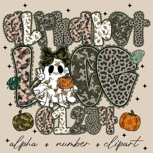 May include: A digital design featuring the words "ALPHABET LOVE" in various camouflage and animal print fonts. A ghost character with a bow and pumpkin is in the center. Numbers 0-4 and pumpkins are also included. The text "alpha + number + clipart" is at the bottom.