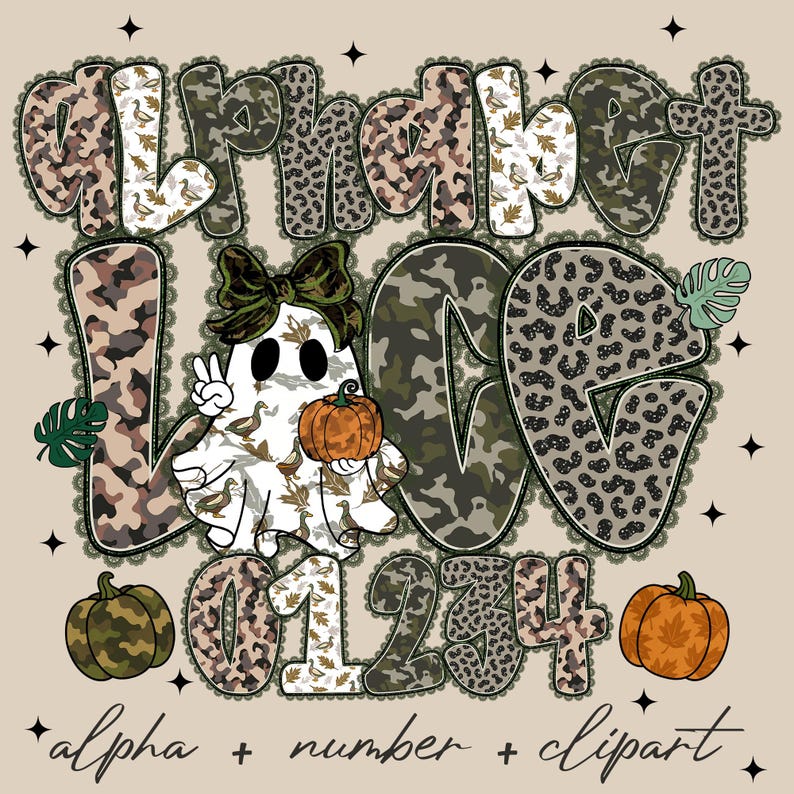 May include: A digital design featuring the words "ALPHABET LOVE" in various camouflage and animal print fonts. A ghost character with a bow and pumpkin is in the center. Numbers 0-4 and pumpkins are also included. The text "alpha + number + clipart" is at the bottom.