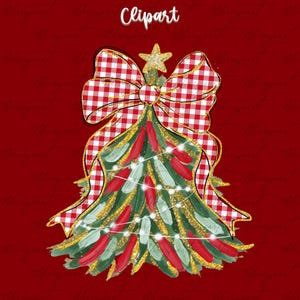 May include: A Christmas tree illustration with a red background. The tree is decorated with red and green brushstrokes, a gingham bow, a gold star, and string lights. The word "Clipart" is written at the top.