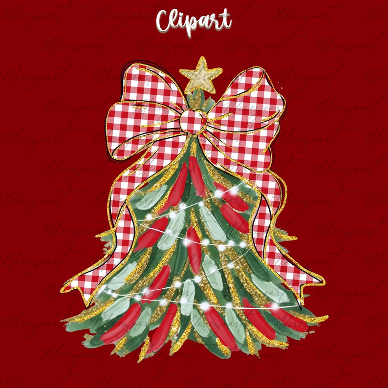 May include: A Christmas tree illustration with a red background. The tree is decorated with red and green brushstrokes, a gingham bow, a gold star, and string lights. The word "Clipart" is written at the top.