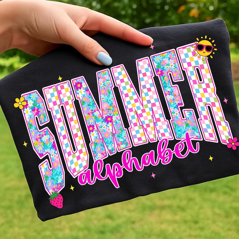 Summer Floral Alphabet PNG Bundle Checkered Letters Numbers Clipart ...