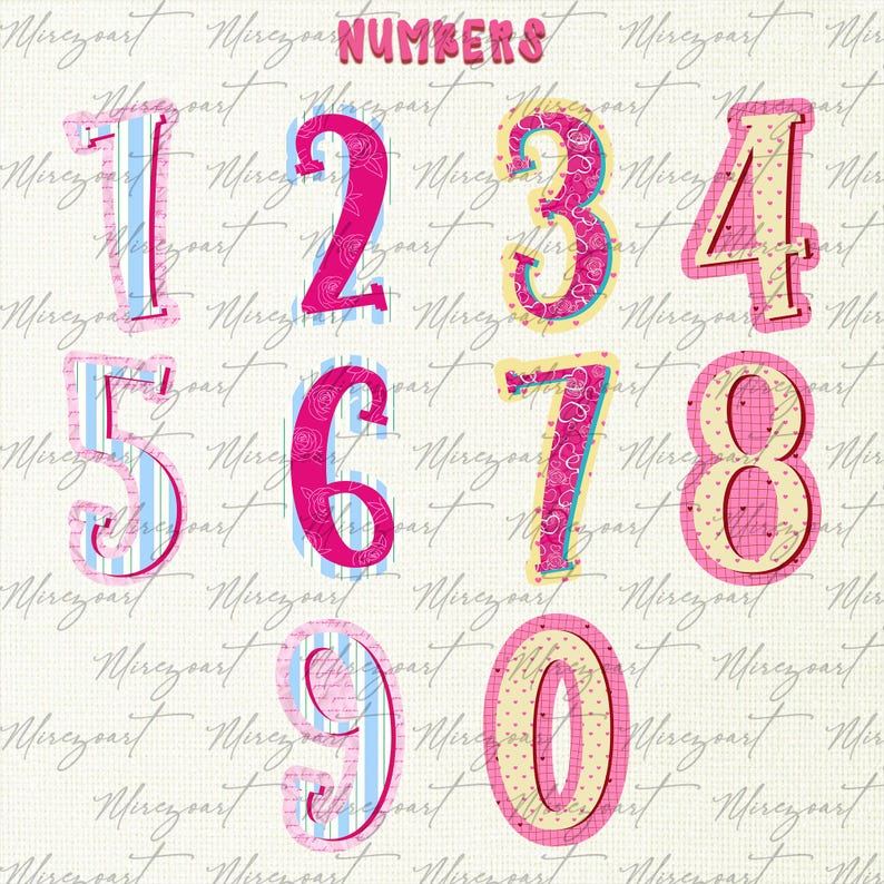 May include: A collection of decorative numbers from 0 to 9, each with a unique design. The word "NUMBERS" is at the top. The numbers feature pink, blue, and yellow accents, with floral and striped patterns.
