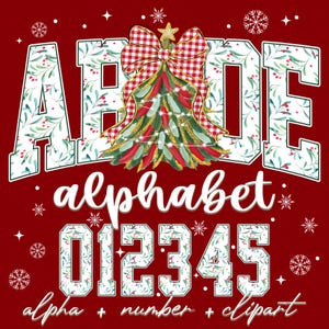 May include: A festive red background features the word "ABODE" in a white, floral-patterned font. A Christmas tree with a plaid bow is centered. Below, "alphabet" and numbers 012345 are displayed. The text "alpha + number + clipart" is at the bottom.