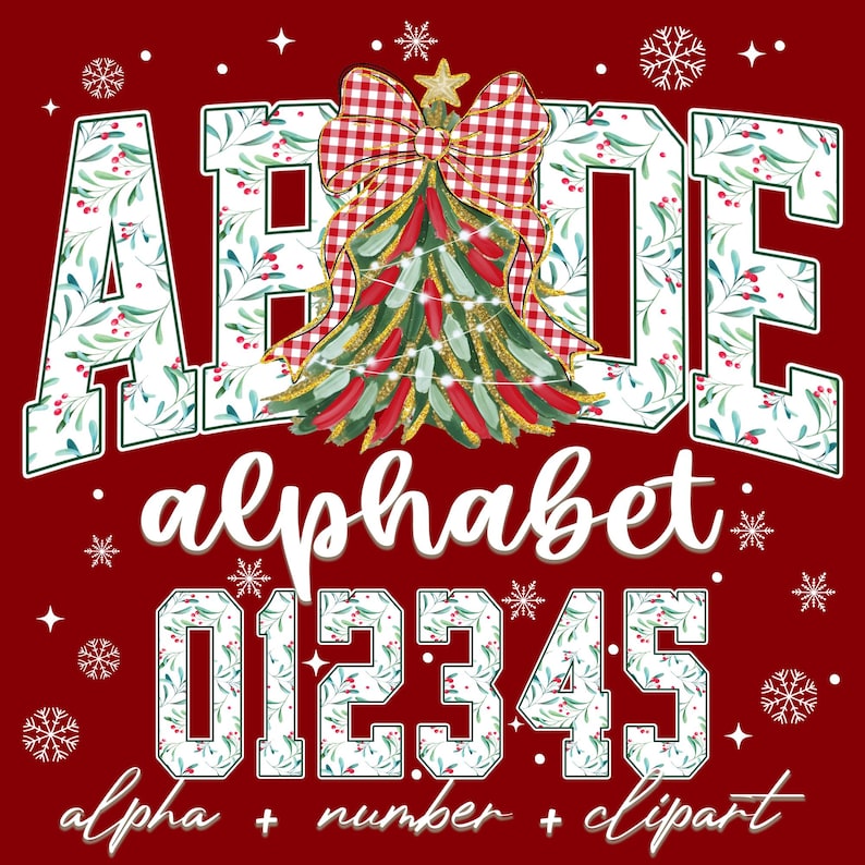 May include: A festive red background features the word "ABODE" in a white, floral-patterned font. A Christmas tree with a plaid bow is centered. Below, "alphabet" and numbers 012345 are displayed. The text "alpha + number + clipart" is at the bottom.