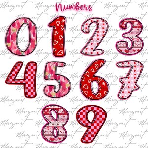 May include: A set of decorative numbers from zero to nine, each with a unique design. The numbers feature patterns like hearts, brushstrokes, and checkered designs in shades of red, pink, and white, outlined in black.