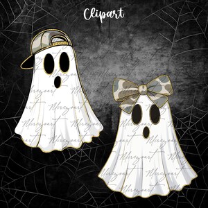 May include: Two white ghost illustrations with black eyes and mouths, outlined in gold. One ghost wears a gray and gold baseball cap, the other a camouflage bow. The background is dark gray with spiderwebs and the word "Clipart".