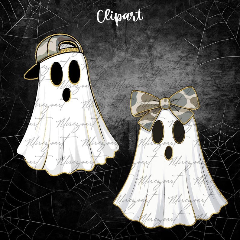 May include: Two white ghost illustrations with black eyes and mouths, outlined in gold. One ghost wears a gray and gold baseball cap, the other a camouflage bow. The background is dark gray with spiderwebs and the word "Clipart".