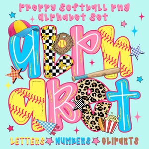 May include: A colorful digital alphabet set with a softball theme. The letters are in pink, yellow, and blue, with baseballs, a glove, and a bat. The words "Letters, Numbers, Cliparts" are at the bottom.