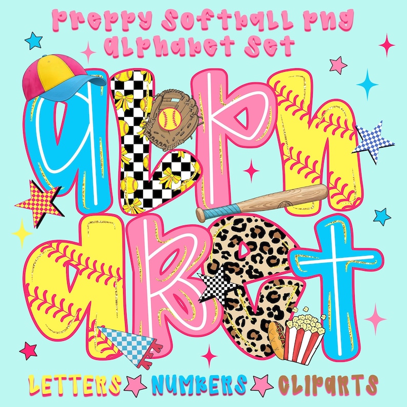 May include: A colorful digital alphabet set with a softball theme. The letters are in pink, yellow, and blue, with baseballs, a glove, and a bat. The words "Letters, Numbers, Cliparts" are at the bottom.