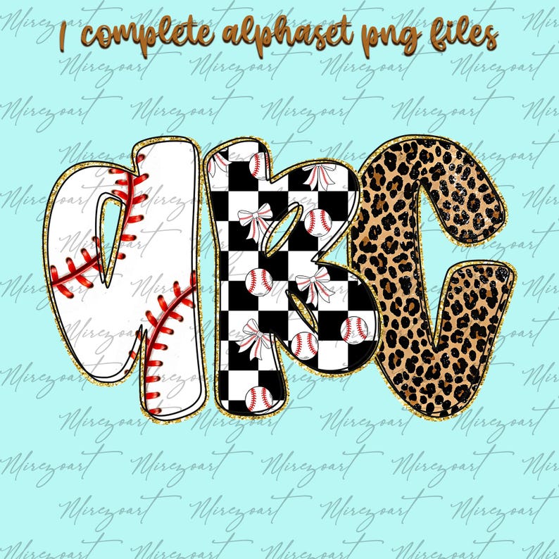 May include: A digital design featuring the letters A, B, and C. The letter A is designed to look like a baseball, the letter B has a black and white checkered pattern with baseballs and bows, and the letter C has a leopard print design. The text "I complete alphaset png files" is at the top.