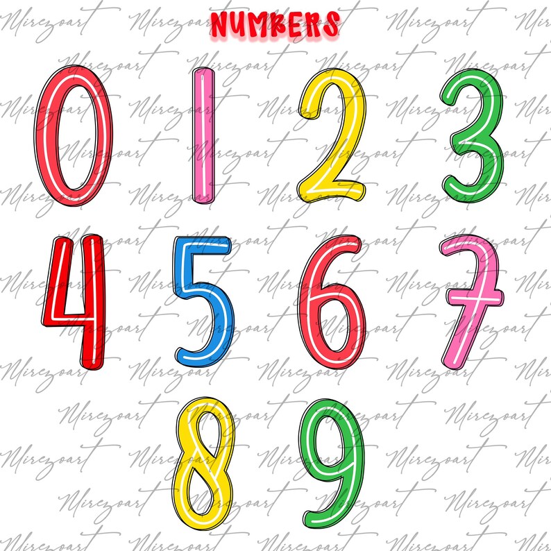 May include: A set of brightly coloured numbers from 0 to 9, each with a white outline, and the word "NUMBERS" above. The numbers are in a playful, handwritten style, suitable for educational use or craft projects.